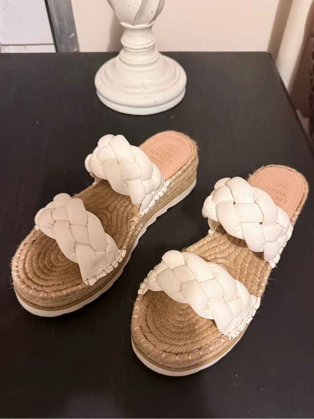 Braided Double-Strap Platform Sandals in Cream/White